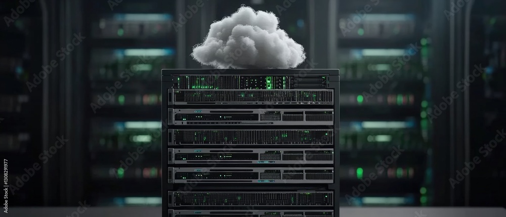 Poster cloud symbol above a server rack representing cloud computing technology and data storage solutions 