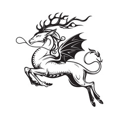 Mystical Dragon Stag Hybrid – Fantasy Creature Black and White Vector