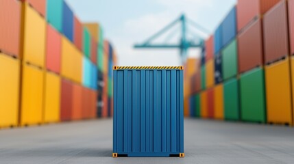 A single blue shipping container stands prominently among colorful containers, indicating a busy port environment.