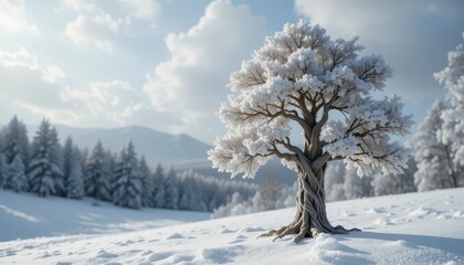 Obraz premium Serene Winter Landscape Snow Covered Twisted Tree in Mountain Forest