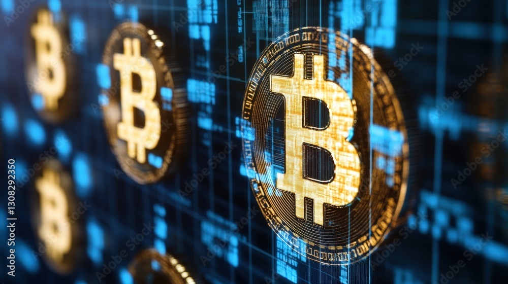 Poster bitcoin displayed on a computer screen featuring modern graphics and digital currency elements in a 