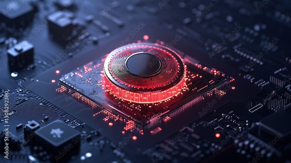 Poster close-up of a computer cpu chip with a glowing red light on top indicating activity in a high-tech e
