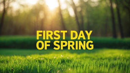 First Day of Spring, Poster with Text, grass and nature bokeh background