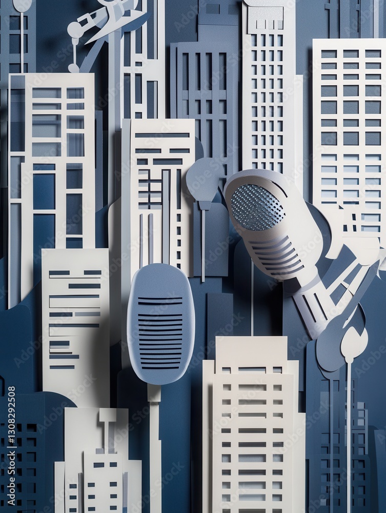 Poster modern paper art background with layered silhouettes of microphones and news elements in professiona
