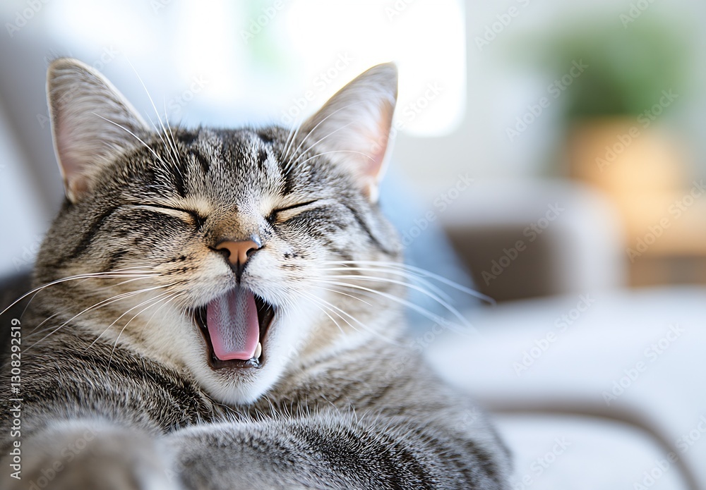 Poster close up of a cheerful and relaxed cat yawning comfortably at home : generative ai