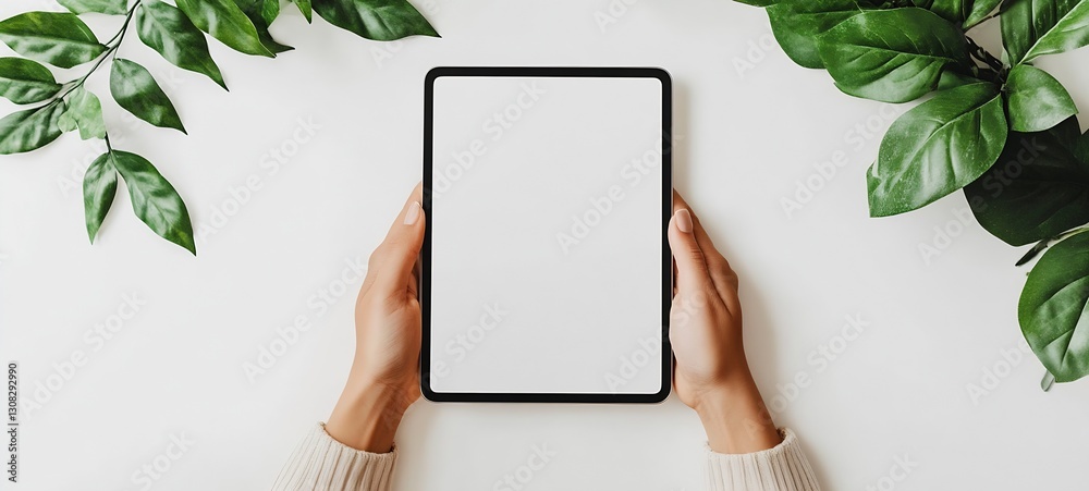 Aufkleber Hands Grasping a Blank Tablet Surrounded by Greenery for Creative Display and Digital Content : Generative AI