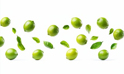 Fresh and Zesty Green Limes with Leaves Floating on White Background : Generative AI