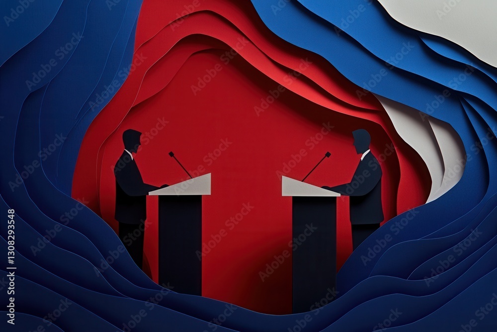 Fototapete Engaging political debate with dynamic paper art background featuring two figures at podiums in bold colors and abstract shapes Generative AI