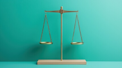A golden balance scale against a teal background, symbolizing justice, fairness and the weighing of options.
