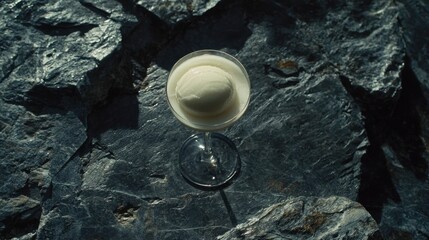 Fototapeta premium Top-down view of a frozen sorbet dessert in an elegant glass, served on a dark stone table, minimalist and moody aesthetic