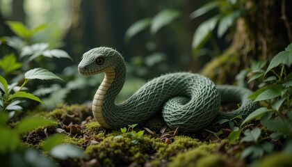Fototapeta premium Serene Green Snake in Lush Forest Habitat Wildlife