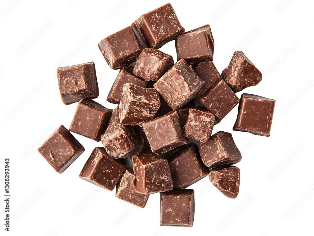 Aufkleber rich and smooth dark chocolate cubes scattered on a white background : generative ai