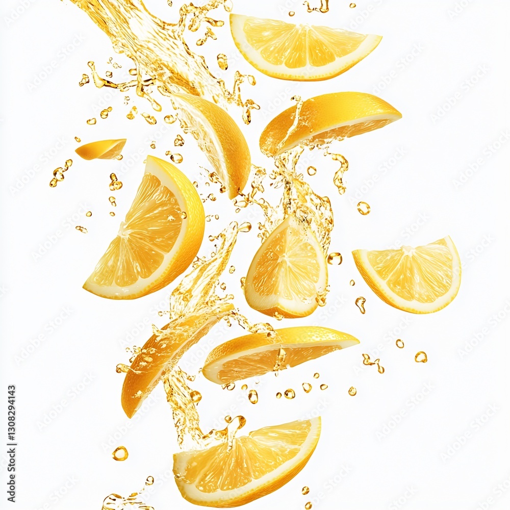 Poster dynamic lemon slice cascade with refreshing water splash ideal for beverage and food photography : g