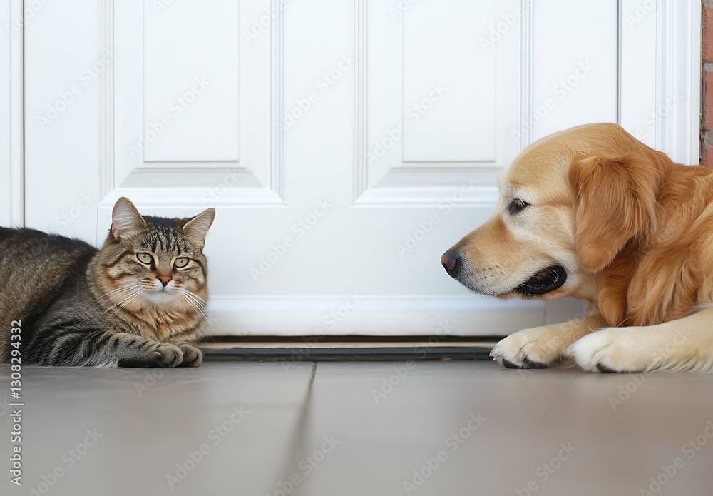 Poster friendly cat and golden retriever curiously interacting at the doorway in a bright and welcoming hom