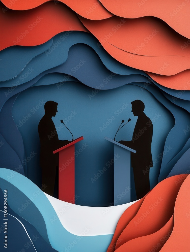 Poster Engaging political debate artwork features layered silhouettes with dynamic abstract shapes and a dramatic color palette Generative AI