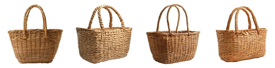 Fototapeta premium Collection of Handwoven Straw Handbag with Handles Isolated on Transparent Background
