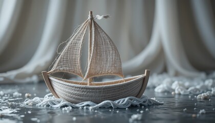 Fototapeta premium Delicate Wooden Sailboat Model on Fabric Waves Peaceful Nautical Scene