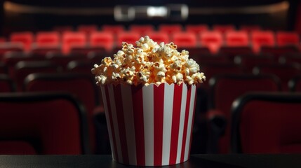 Movie Night  Popcorn in Red Striped Bucket  Cinema Seats