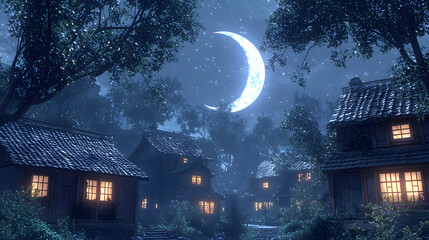 Fototapeta premium A beautiful moonlit village scene with houses and trees