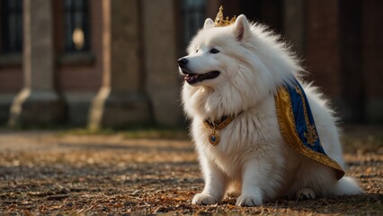 A fluffy Samoyed wearing a royal cape and a golden crown.