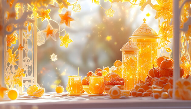 Winter fruits, gazebo, sunlit scene