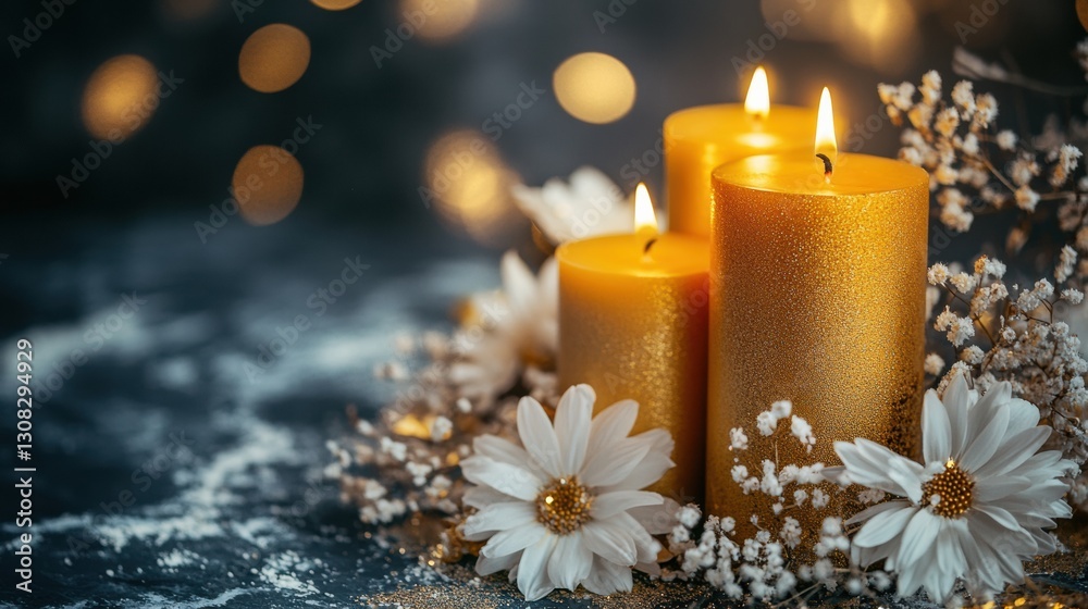 Poster elegant golden candles illuminated by soft flames surrounded by white and gold flowers on a shimmeri