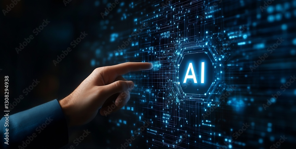 Leinwandbilder Futuristic hand touching glowing AI text in digital circuit background : Generative AI