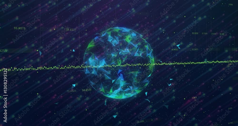 Poster animation of digital globe with data points and geometric shapes on dark background