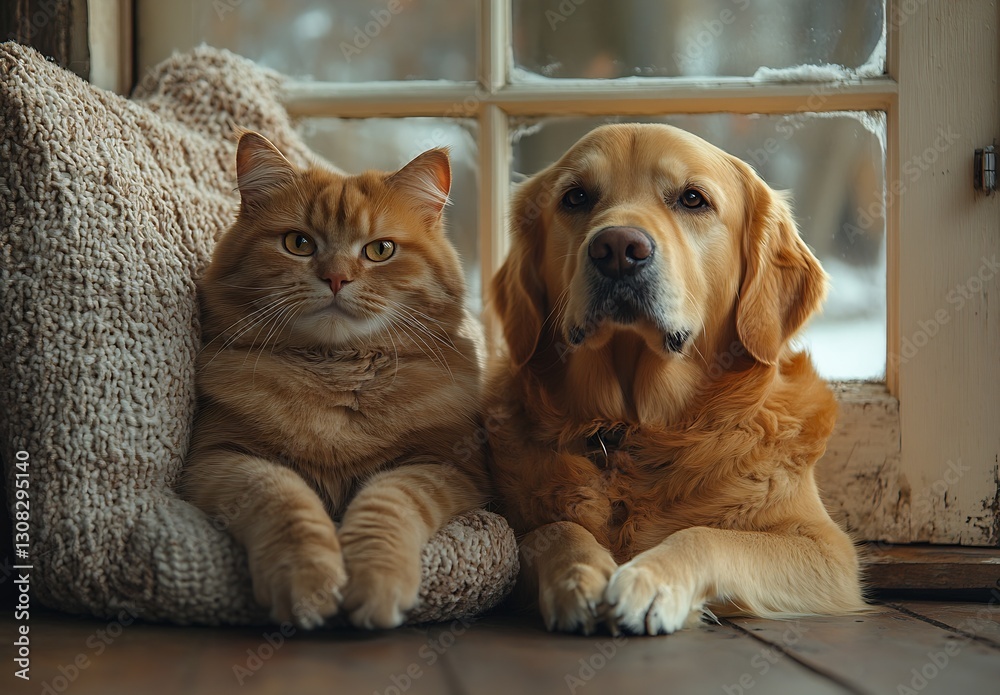 Poster elegant ginger cat and golden retriever sitting together by window : generative ai