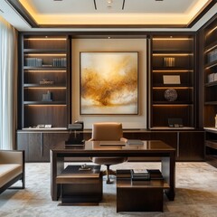 Luxurious, modern executive office with dark wood cabinetry, comfortable seating, and an abstract art piece.