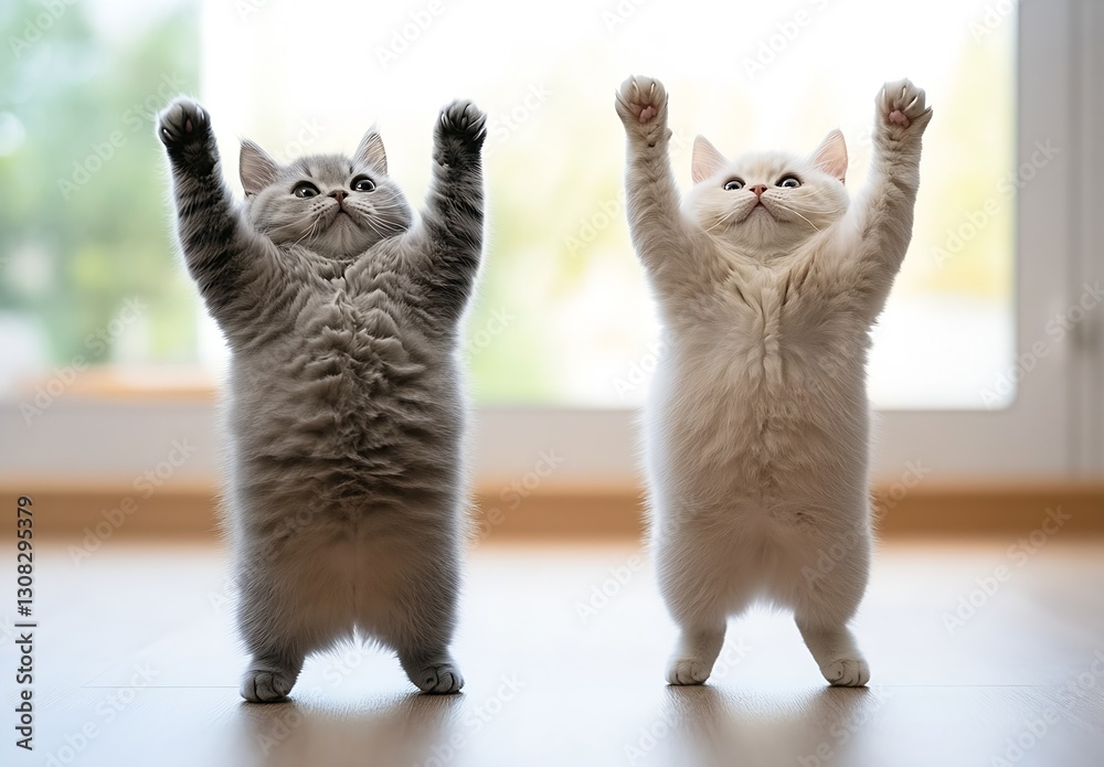 Poster cute cats standing upright in playful pose showcasing their fluffy fur and adorable expressions : ge