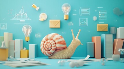 Colorful snail surrounded by light bulbs, documents, and graphs in a creative workspace illustrating innovative ideas and slow progress in business development