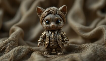 Elegant Bronze Cat Figurine in a Gentleman s Suit Posing on Fabric