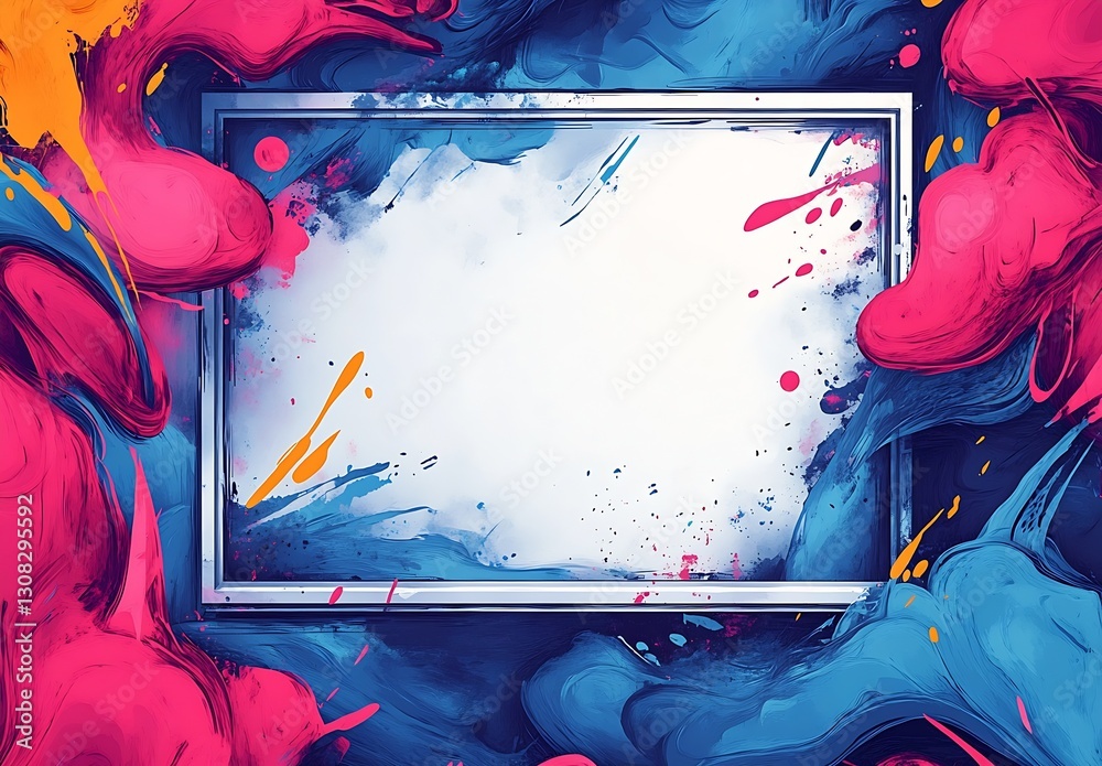Poster Dynamic colorful frame surrounded by swirling paint splashes inviting artistic creativity and imagination for design projects : Generative AI