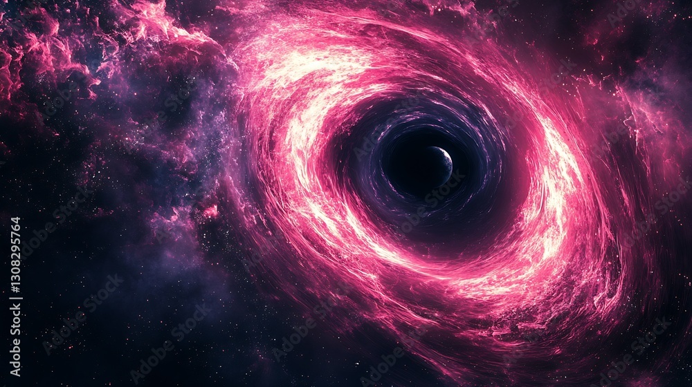Aufkleber cosmic pink swirling galaxy with dark center and starry background : generative ai