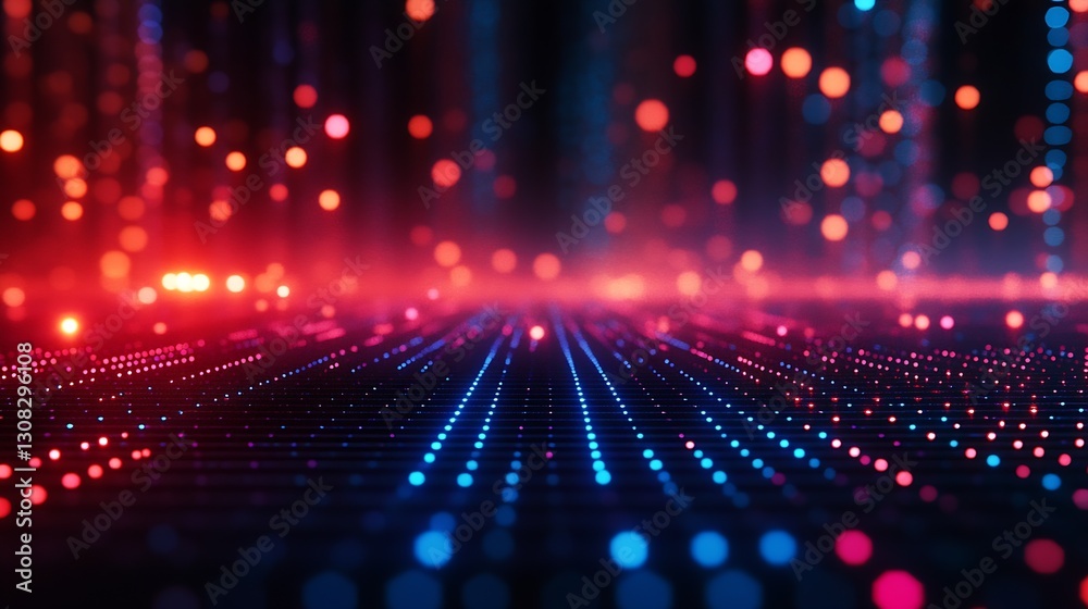 Poster Dynamic and Futuristic Particles Moving Across High Tech Surface in Red and Blue : Generative AI