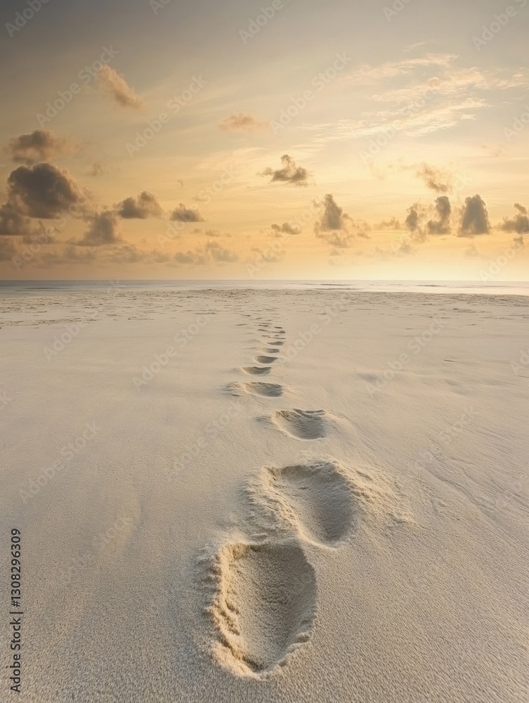 Poster Serene sunset on an empty beach with footprints leading to the horizon and a tranquil sky for reflections Generative AI