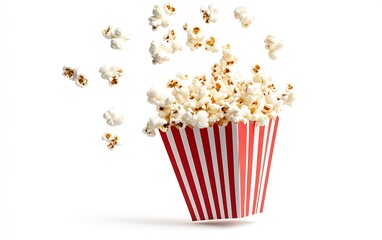 Delicious popcorn overflowing from striped bucket with pieces flying in the air for movie night : Generative AI