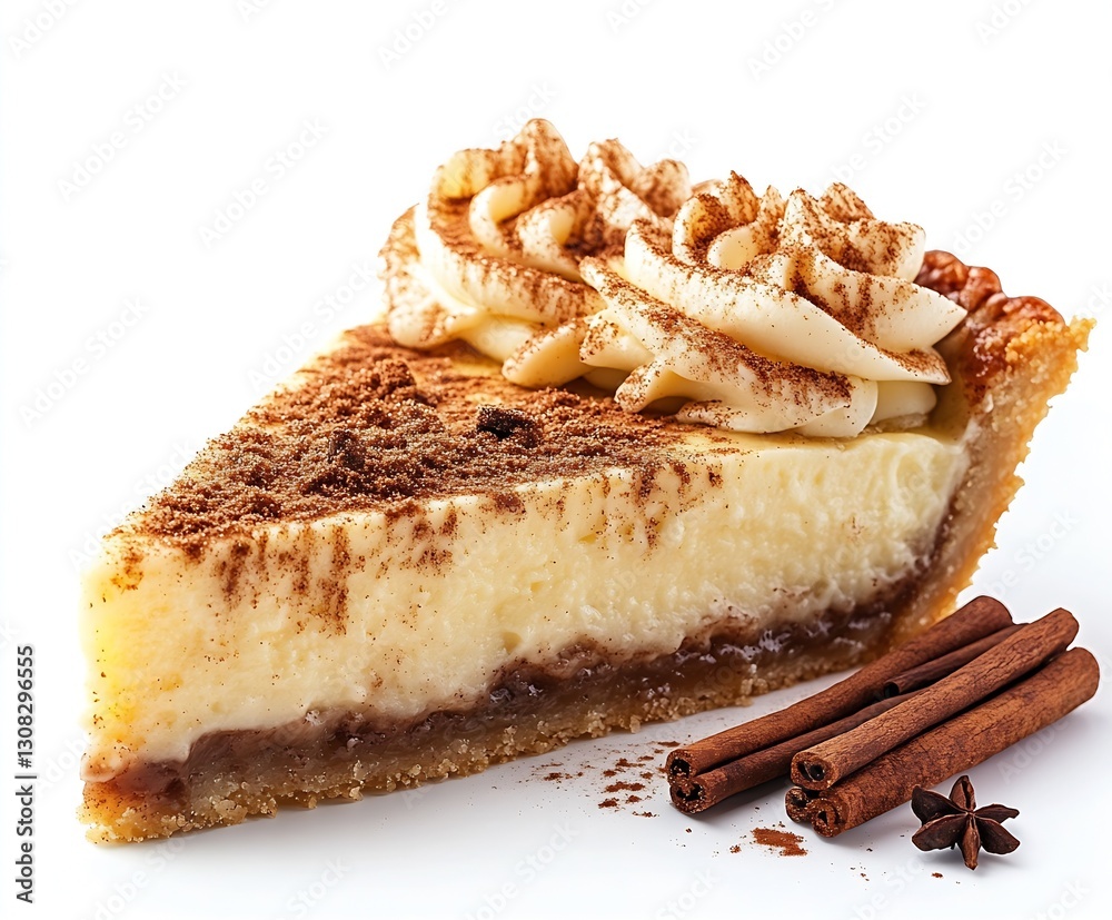 Poster Delicious slice of creamy custard pie topped with whipped cream and a dusting of cocoa and cinnamon : Generative AI