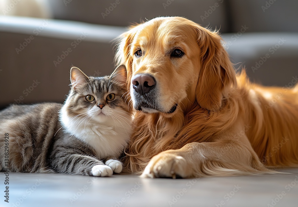 Poster adorable golden retriever and tabby cat cuddle together at home creating warm and loving atmosphere 