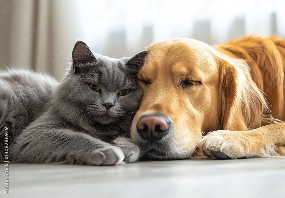 Poster adorable cat and dog snuggling together on soft floor in natural light : generative ai