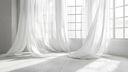 Obraz premium Soft White Curtains Draped Elegantly in Bright Sunlit Room with a Clean Minimalist Design and High-Quality Natural Light Streaming Inside