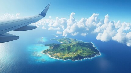 Obraz premium Aerial View of Tropical Island from Airplane Window Showing Lush Greenery and Clear Blue Ocean Under Bright Sky with Fluffy White Clouds