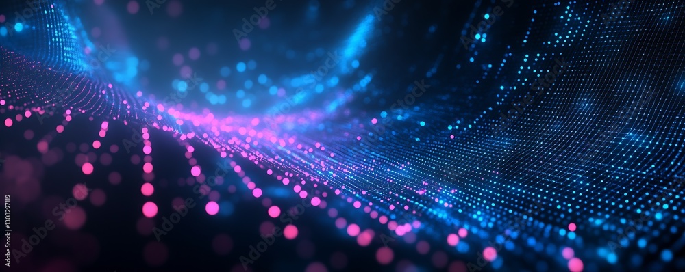 Poster Dynamic Abstract Wave of Colorful Dots with Blue and Pink Light in Digital Space : Generative AI