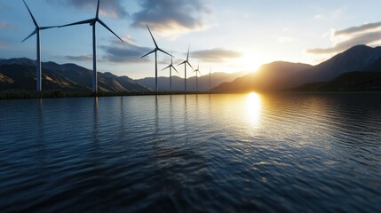 Scenic lake surrounded by wind turbines representing renewable energy and green finance initiatives for sustainability