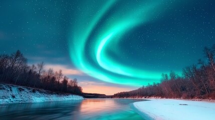 Naklejka premium Aurora Borealis Magical Winter Night Sky over Frozen River