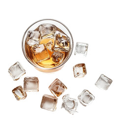 Glass with whiskey and ice cubes, Top view, isolated on a transparent background