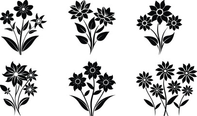 Black and White Flower Bouquet Vector Set: Floral Illustration, Botanical Design Elements for Graphic Design and Decoration Projects