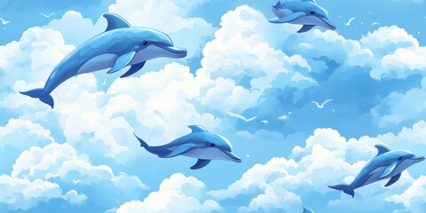 Fototapeta premium Dolphins in the Clouds: Sky Dreamscape Illustration