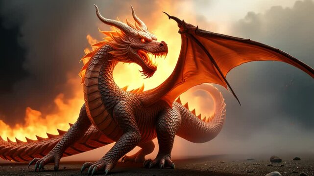  Fiery Dragon Breathing Fire on a Barren Landscape